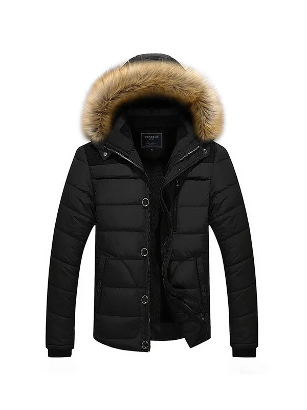 Patchwork Hooded Fur Collar Cotton Jacket Coat
