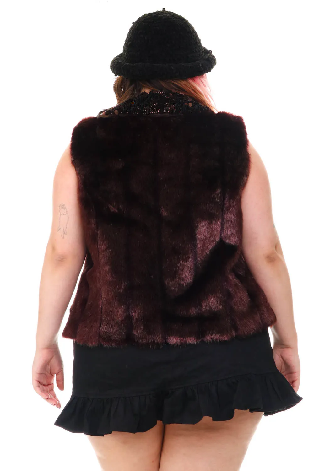 Vintage 80's Wine Sequined Fur Vest - XL