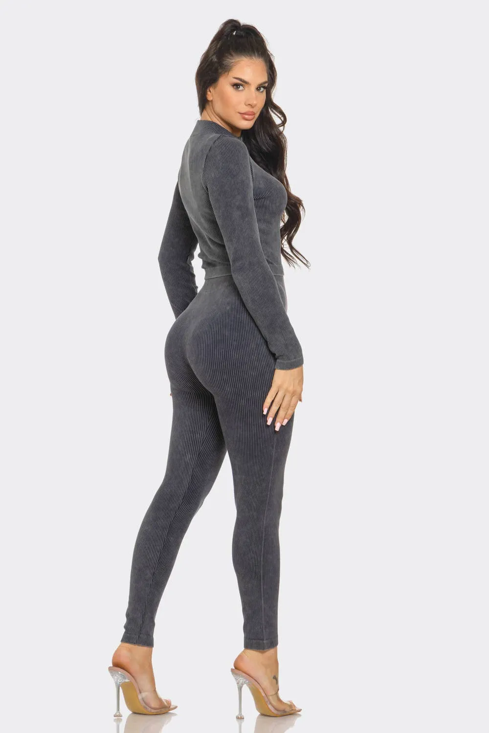 Washed Seamless Rib Zip Up Jacket And Leggings Set