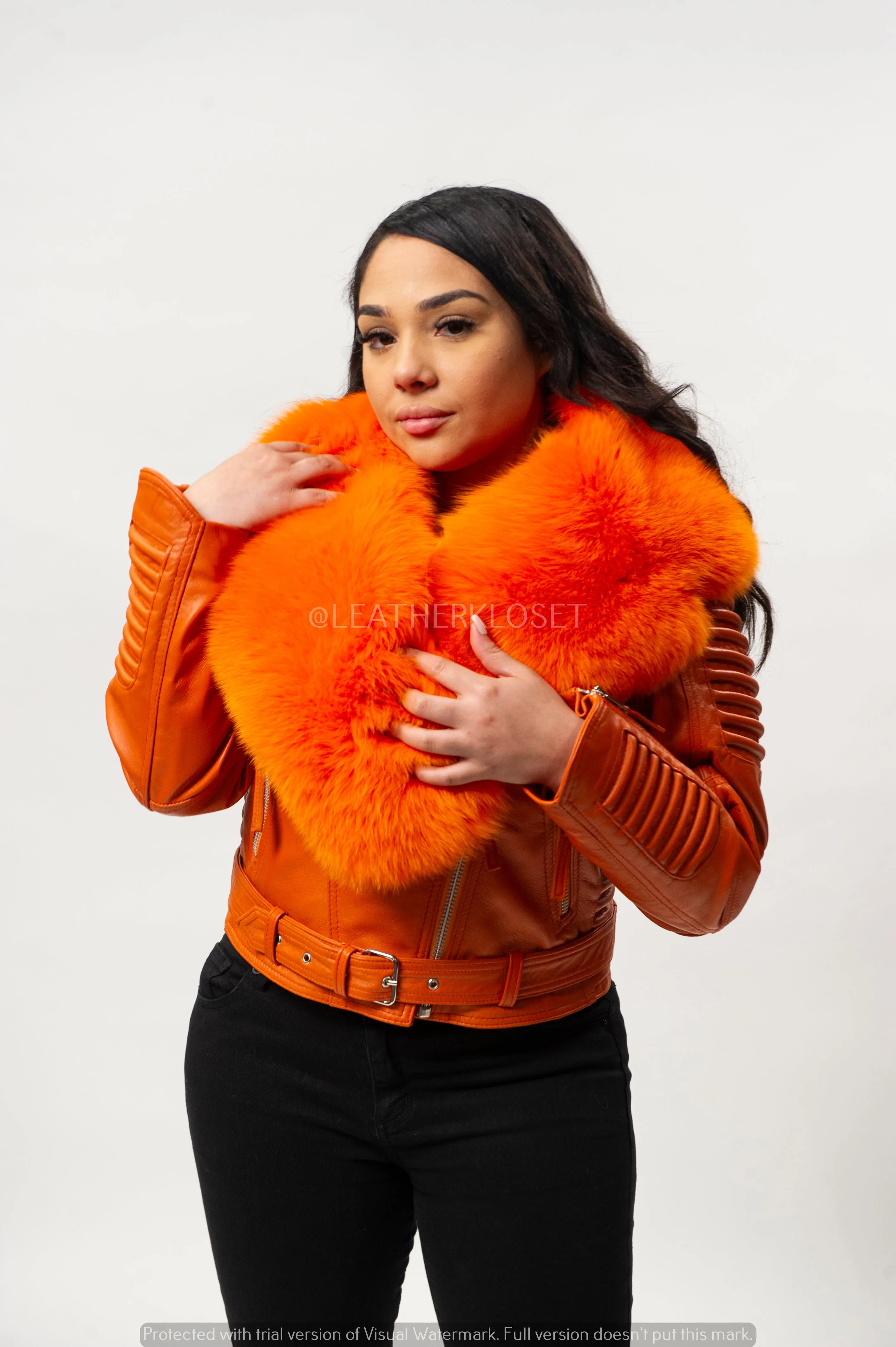 Women's Trey Biker Orange Oversized Fox Collar [Orange Fox Fur]